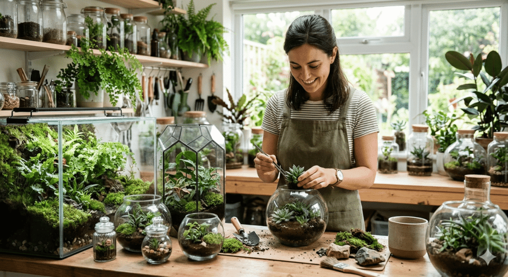 Woman smiling putting a plant in a medium terrarium