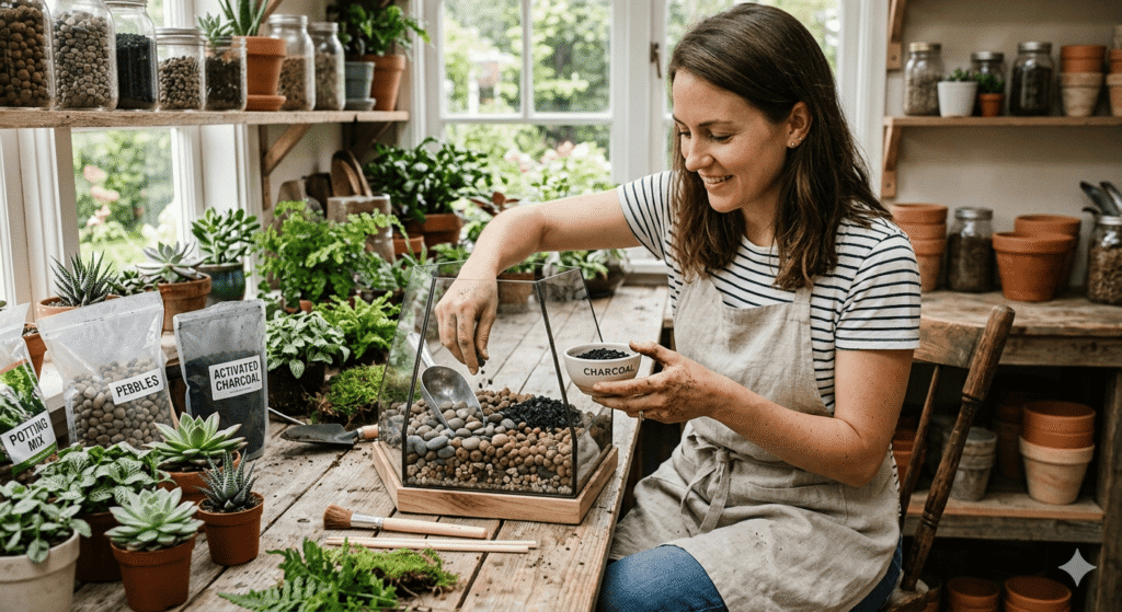 Woman building terrarium