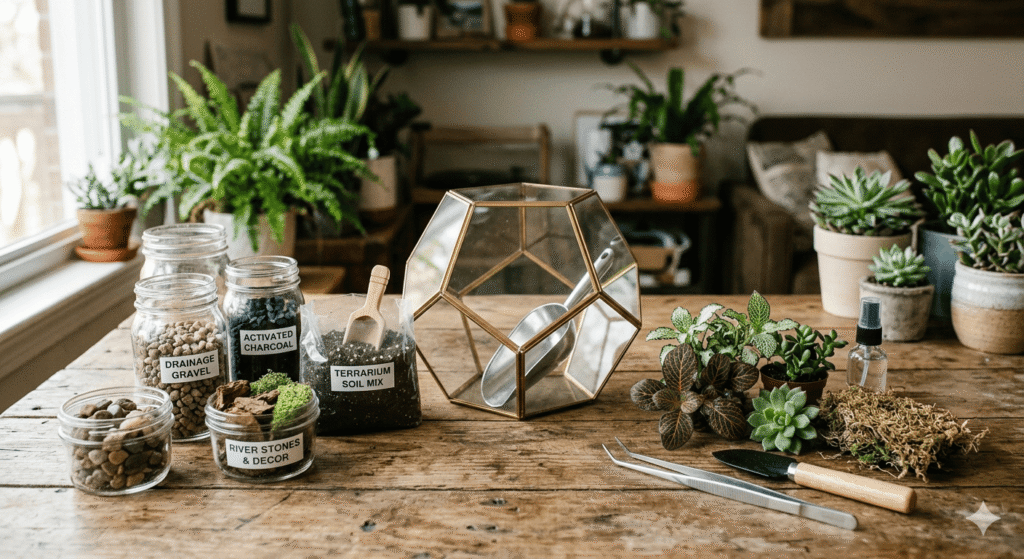 Terrarium kit on a wooden table