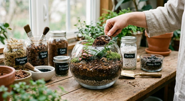 Hand putting substrate in terrarium