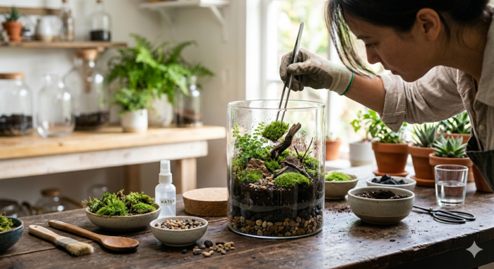 Woman putting moss in a terrarium