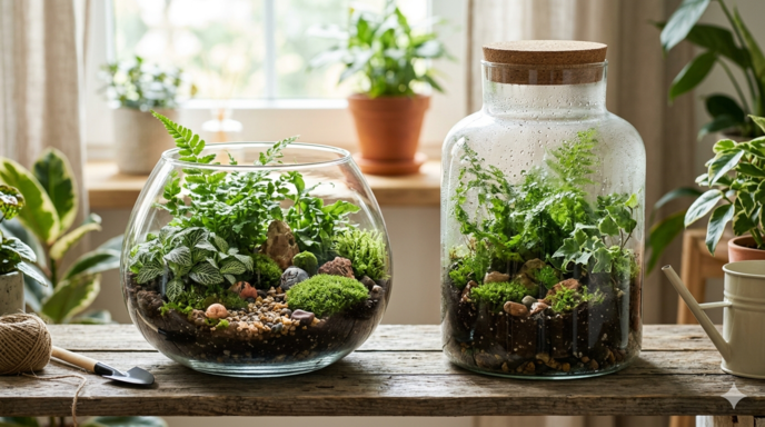 An open and a closed terrarium side by side
