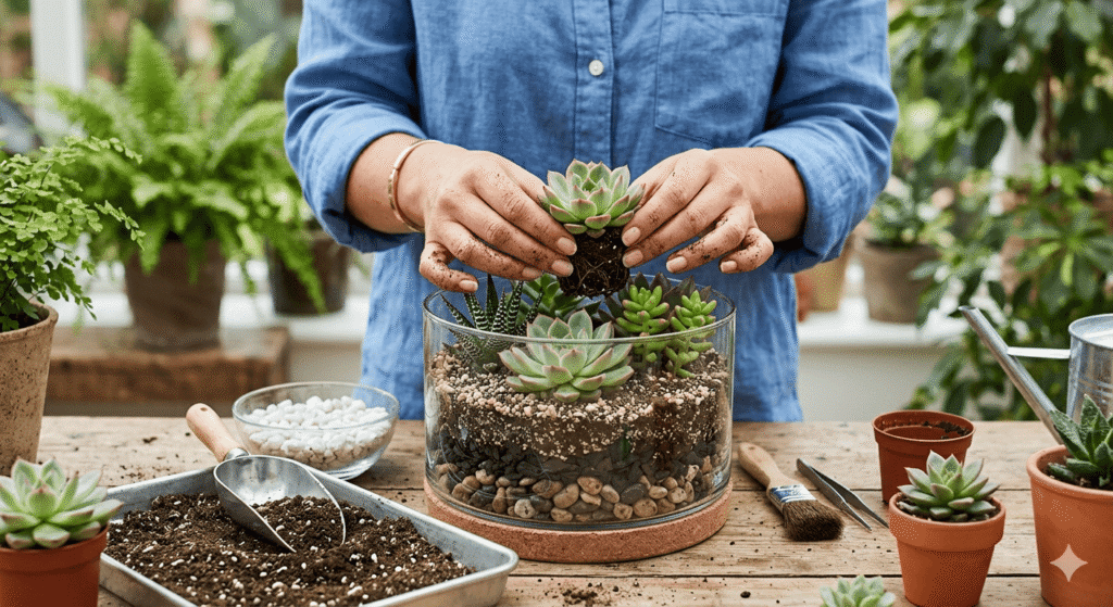 Hands planting succulents in terrarium