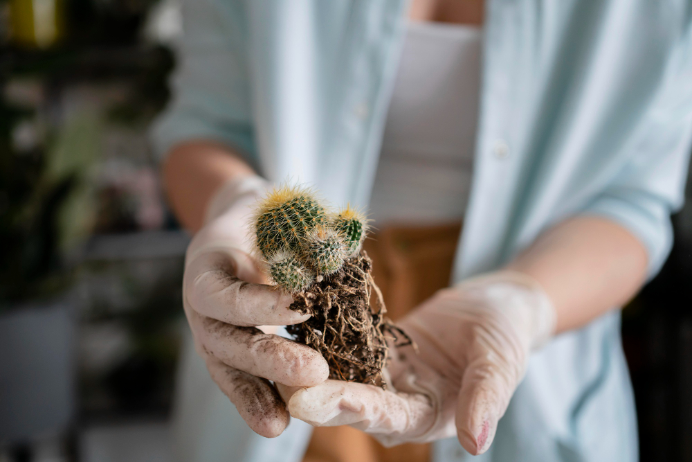 woman with gloved hands holding a cactus