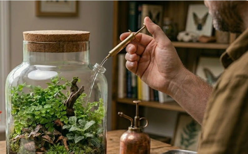 A man carefully waters a large, thriving glass terrarium