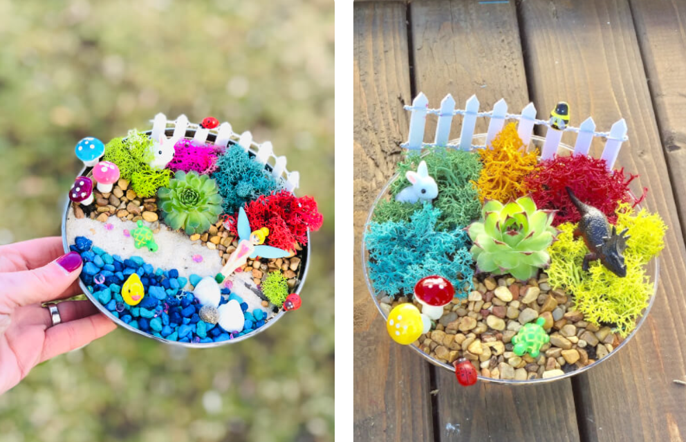 two colorful terrariums with figurines
