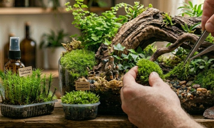 Hands caring for moss while styling a terrarium