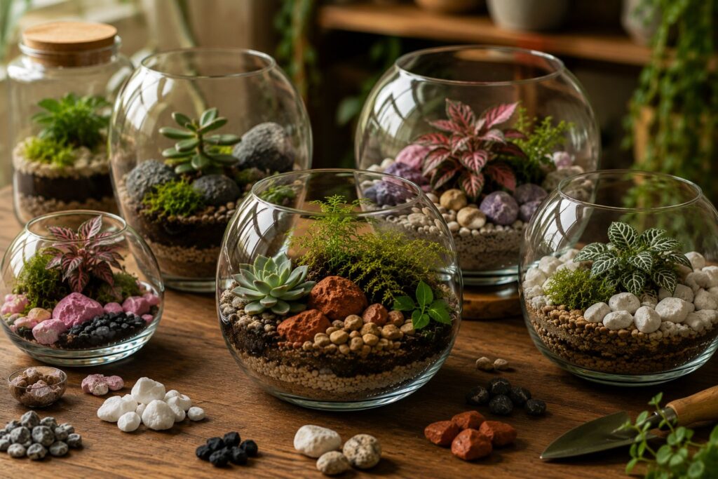 Terrariums with colorful decorative rocks and small plants arranged on a wooden table.