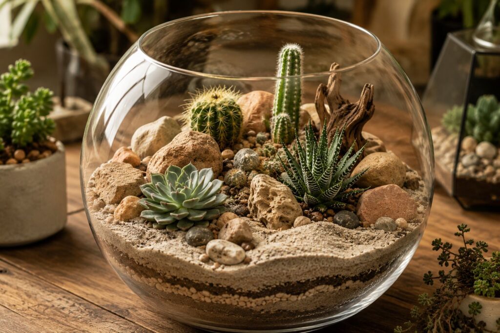 Desert terrarium with succulents, cacti, sand, and natural rocks inside a round glass container
