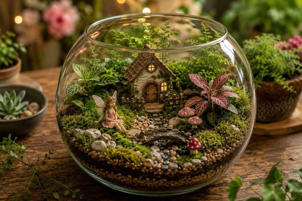 A terrarium decotated with a miniature cottage in a small garden