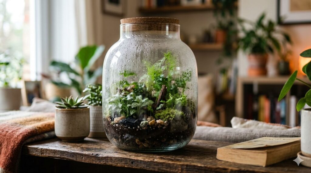 a misty glass terrarium filled with lush green plants and moss, sitting on a rustic wooden table
