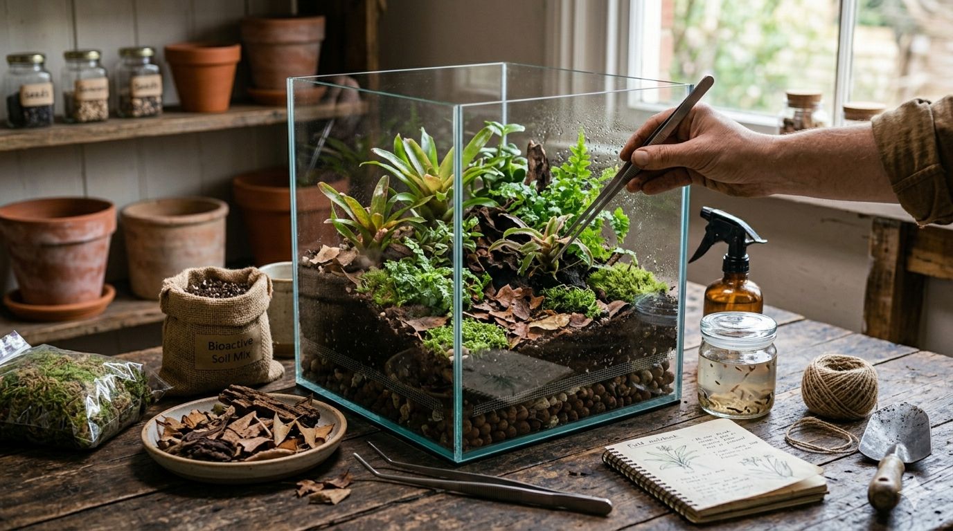 Hands carefully planting a live succulent into a detailed bioactive terrarium setup