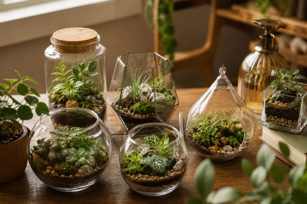 “Small decorative terrariums with lush plants arranged on a cozy wooden table near a sunlit window