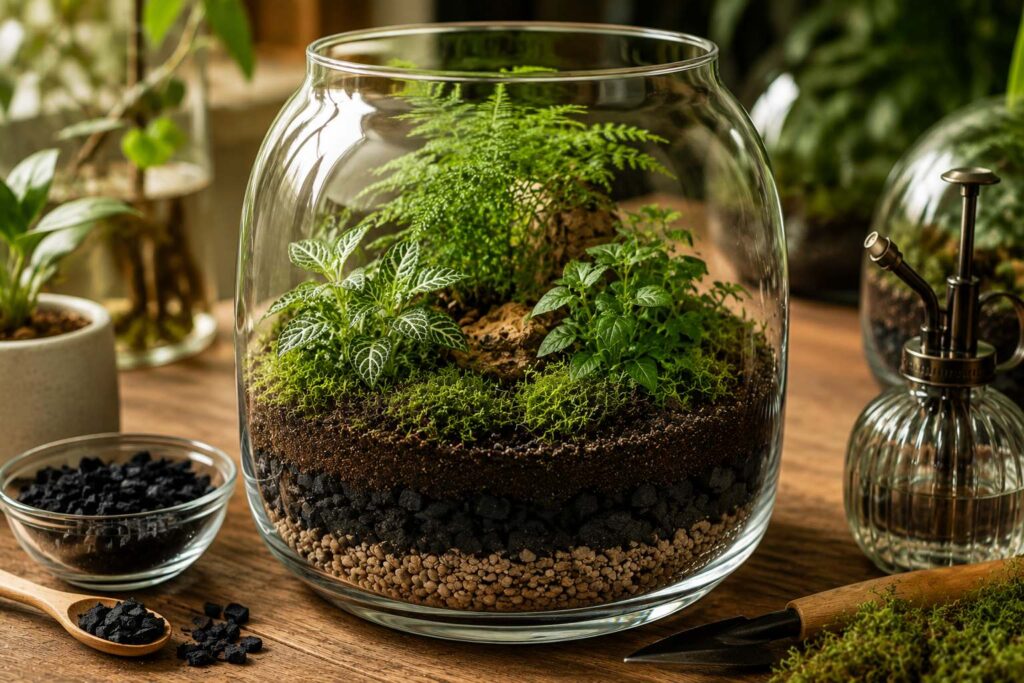 terrarium with charcoal layers, inside a glass container