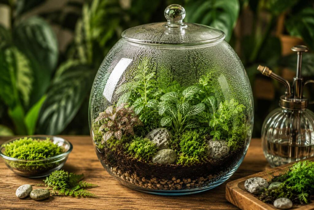 Closed glass terrarium with tropical plants and visible condensation on a wooden table.
