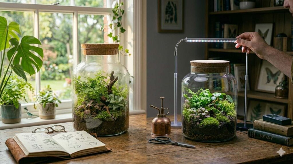 2 terrariums, one by the window bathing in sulinght, another in a darker corner, with led lights