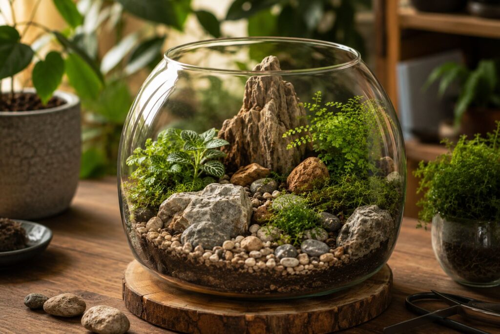 Glass terrarium styled with decorative rocks, moss, and tropical plants on a wooden table.