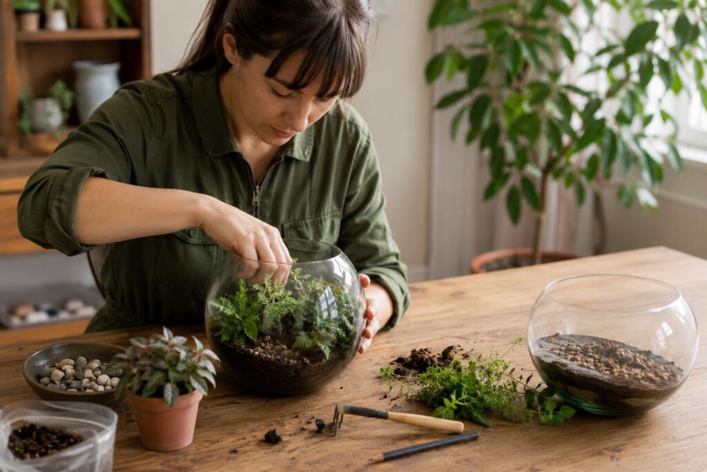 woman replanting a terrarium using tools, over a wooden table