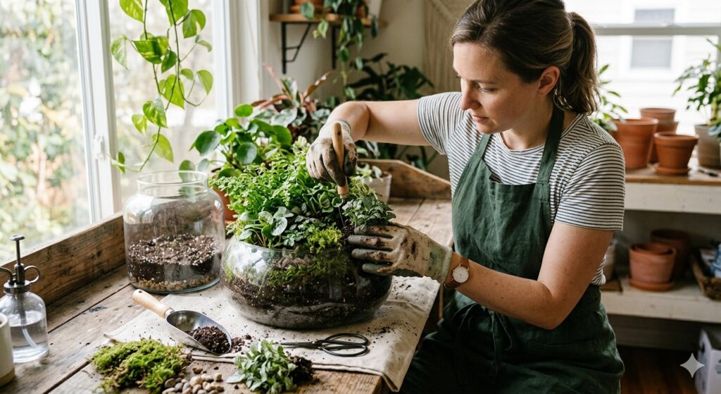 woman with gloves replanting a glass-vase terrarium