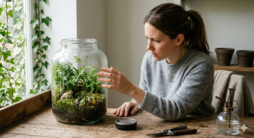 woman checking a glass-vase terrarium temperature