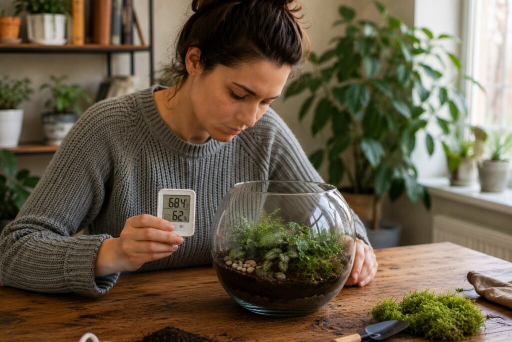woman monitoring the temperature of a glass-vase terrarium