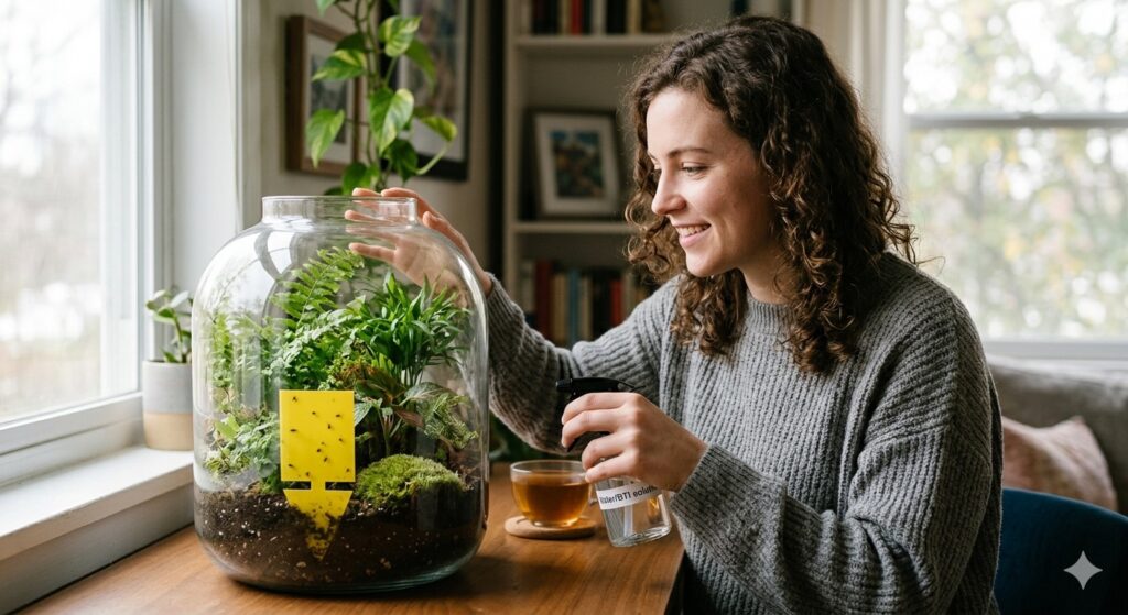 woman treating a glass-vase terrarium for fungus