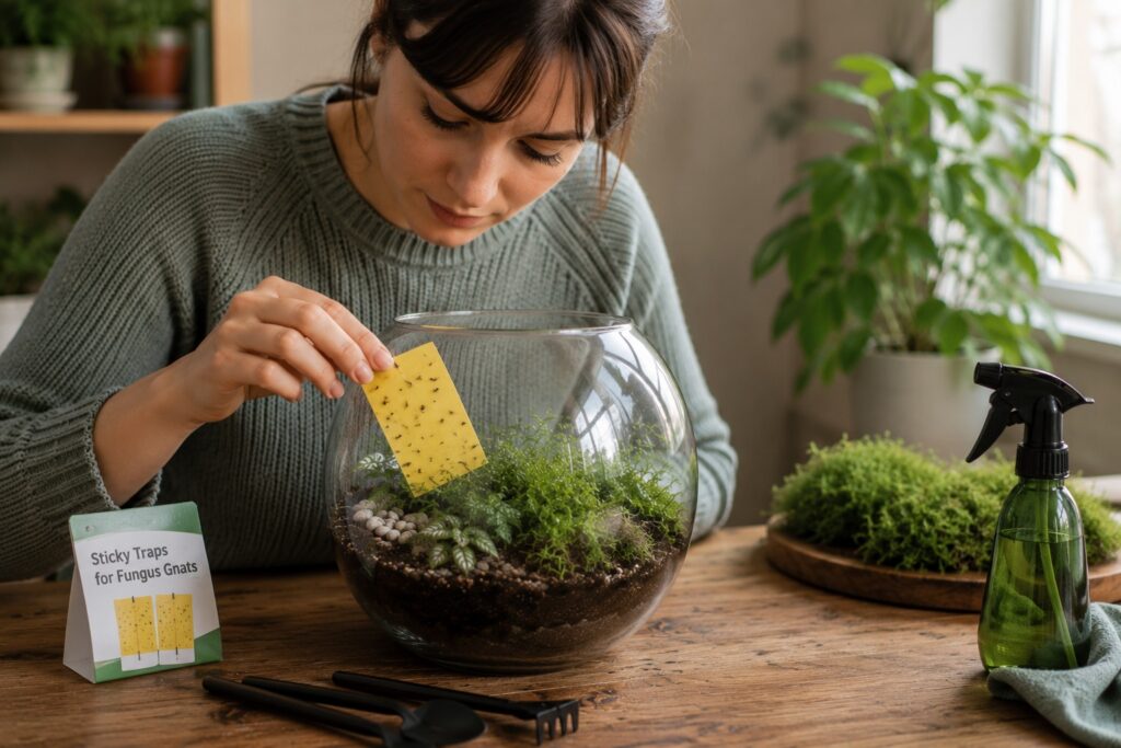 woman holding yellow sticky traps for fungus inside a glass-vase terrarium
