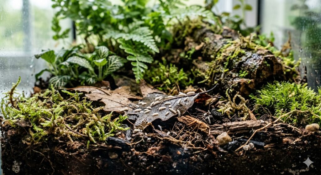 close-up of a terrarium with springtales on a leaf