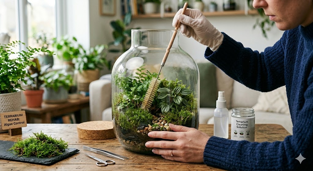woman cleaning algae from a glass-vase terrarium