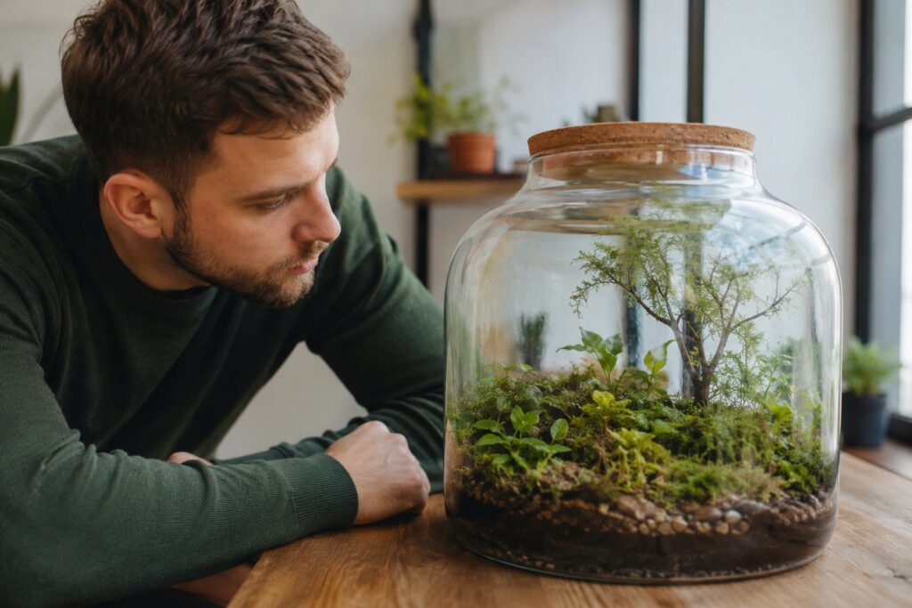 man staring at a glass-vase closed terrarium over a wooden table