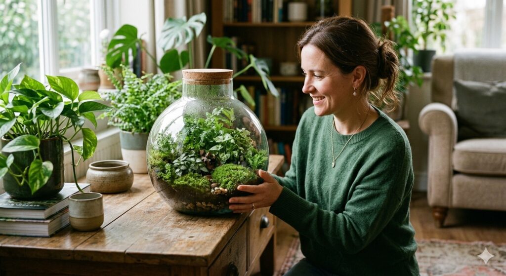 woman holding a closed glass-vase terrarium