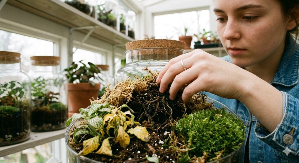 woman looks rotten roots of a terrarium