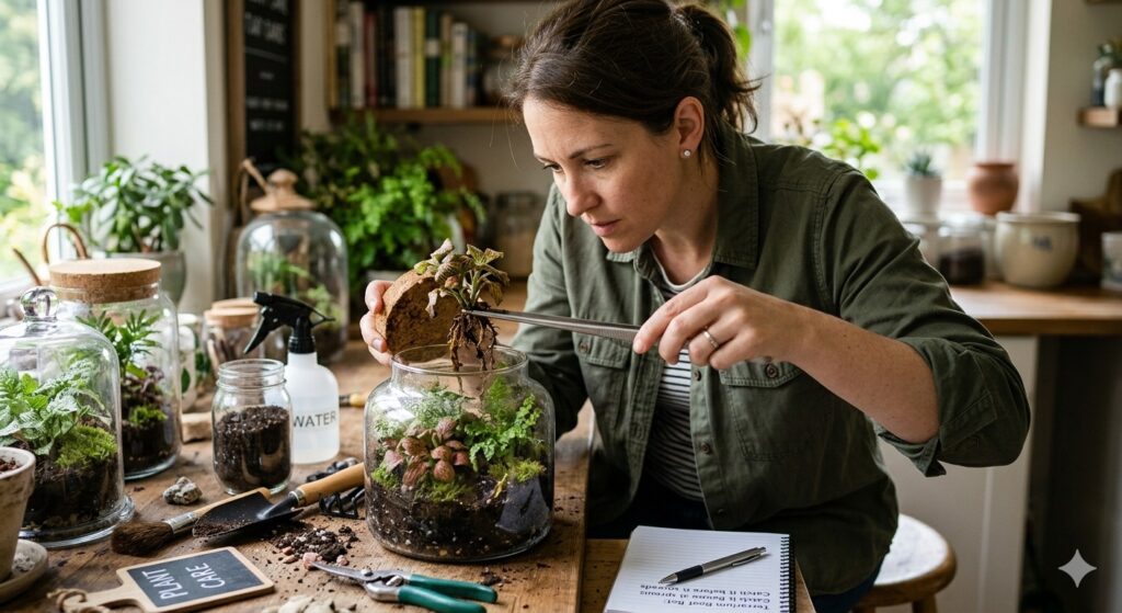 woman using tools to treat rotten roots of a terrarium in a glass-vase