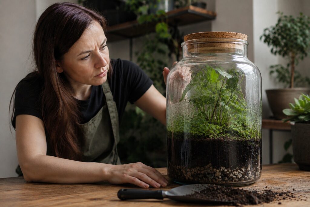 women glances at a closed glass-vase terrarium, shovel on a wooden table