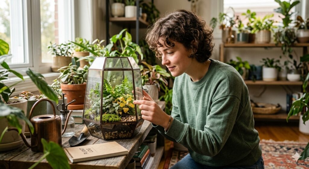 woman looking a glass-vase terrarium with yellow leaves