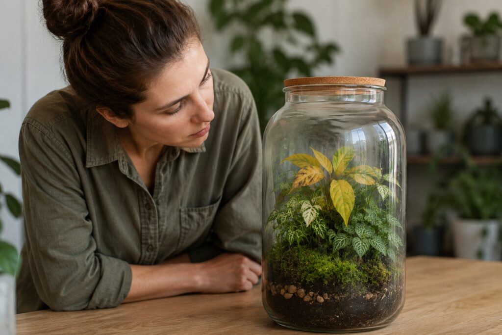 Yellow leaves in a glass-vase terrarium