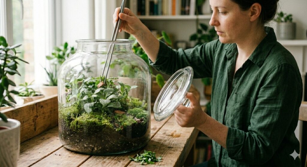 woman performing a terrarium maintenance schedule