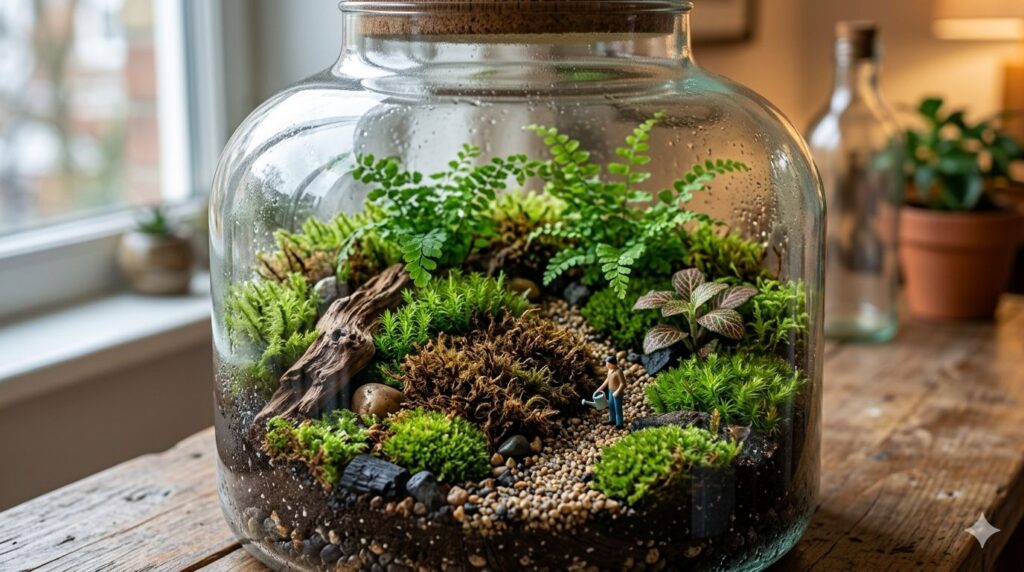 terrarium in a glass-vase with moss and a figurine