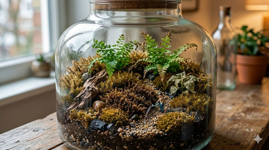 a glass-vase terrarium with brown moss and a figurine watering it