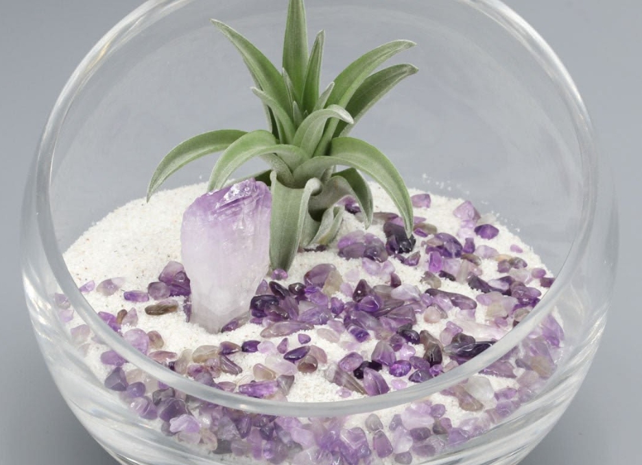 glass-vase terrarium with white sand and purple crystals