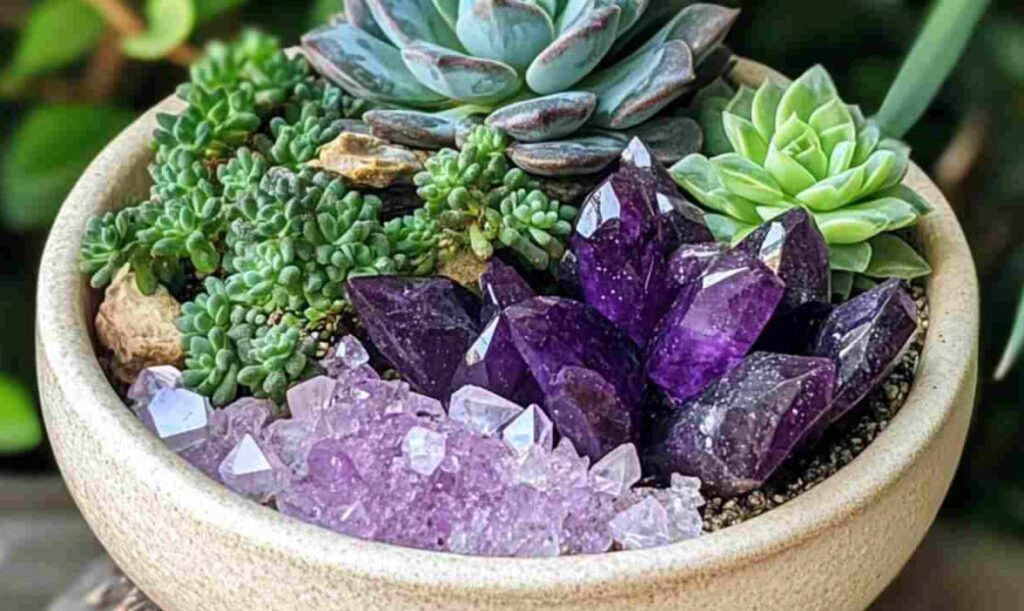 terrarium in a vase, with purple and lilac crystals.