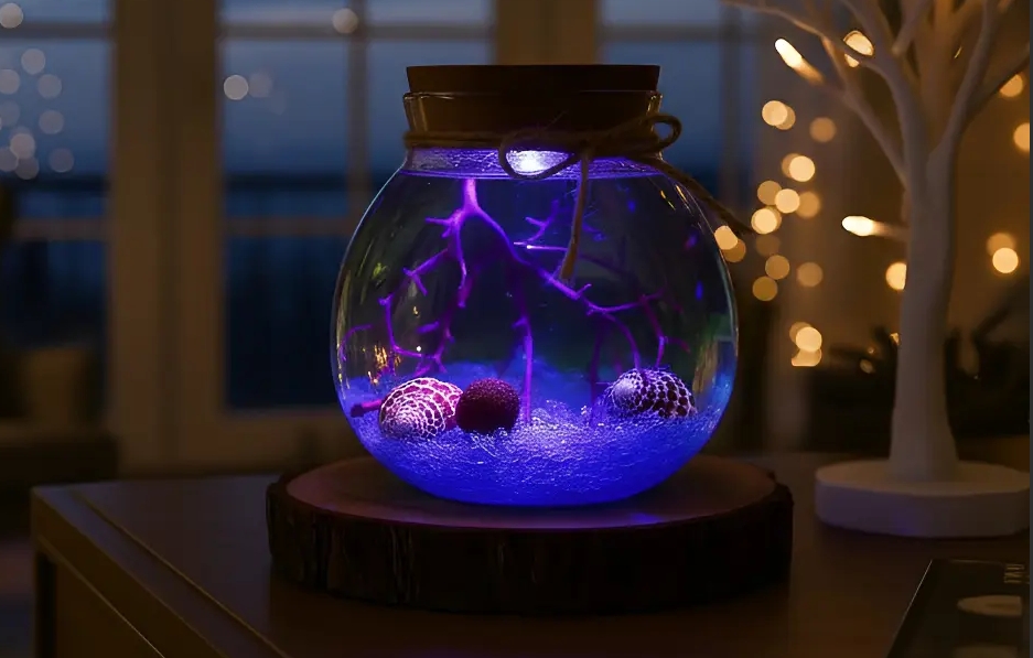 glow in the dark terrarium with blue led and shells