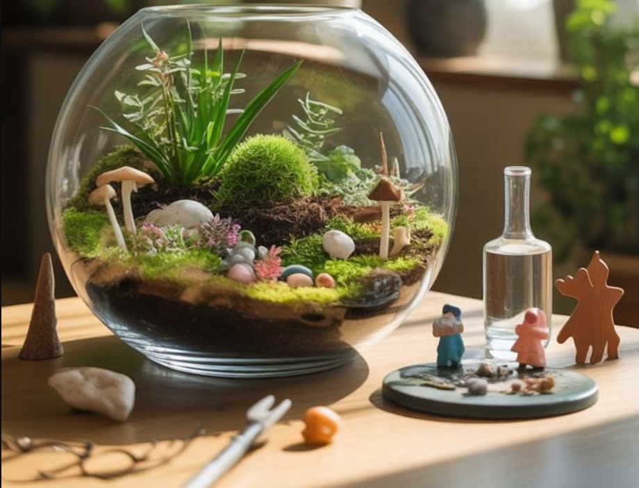 glass-vase terrarium, tools and figurines over a wooden table