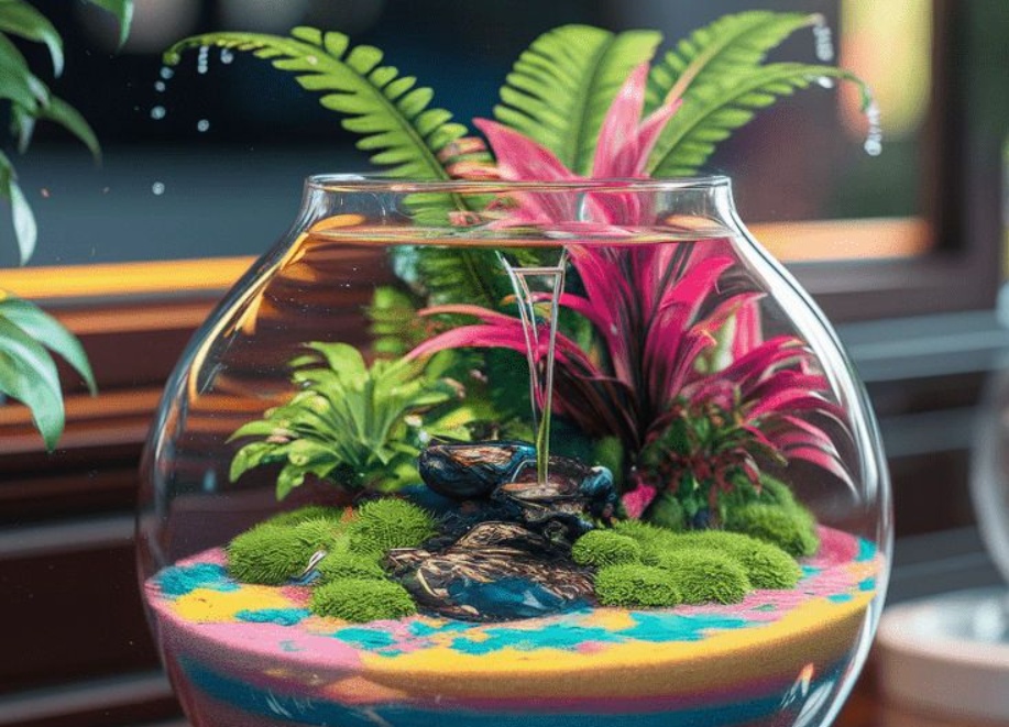 glass-vase terrarium with colorful sand, moss, and plants.
