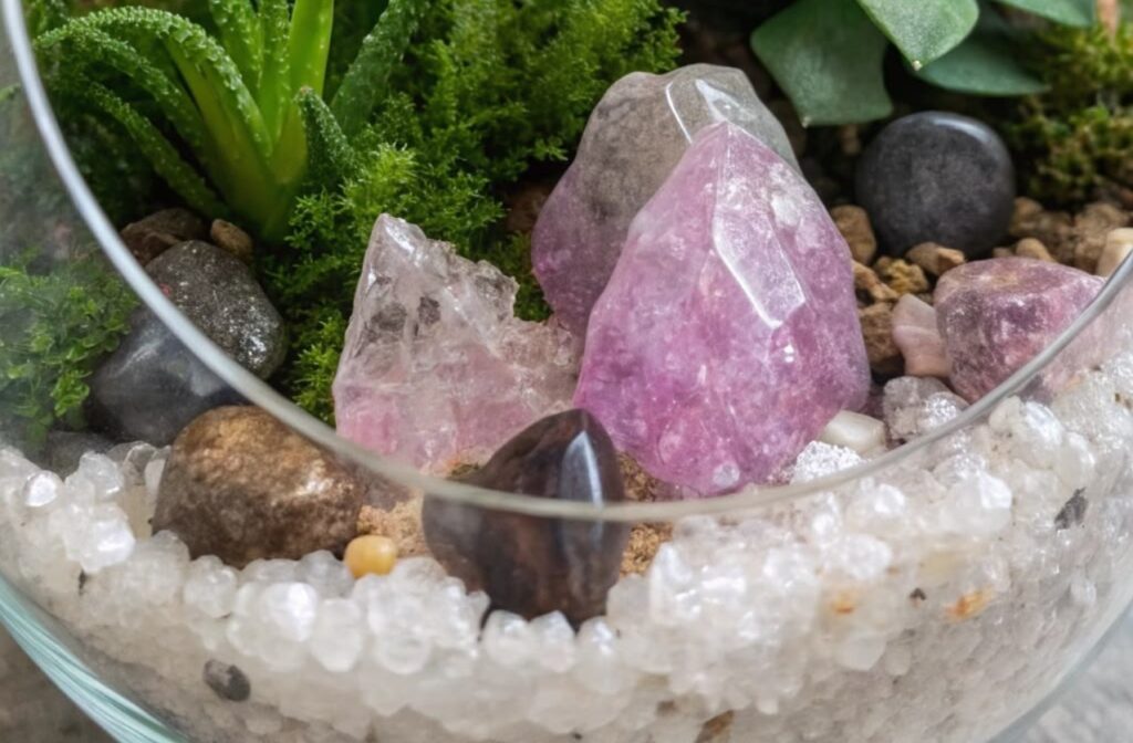 crystals and stones in a glass-vase terrarium