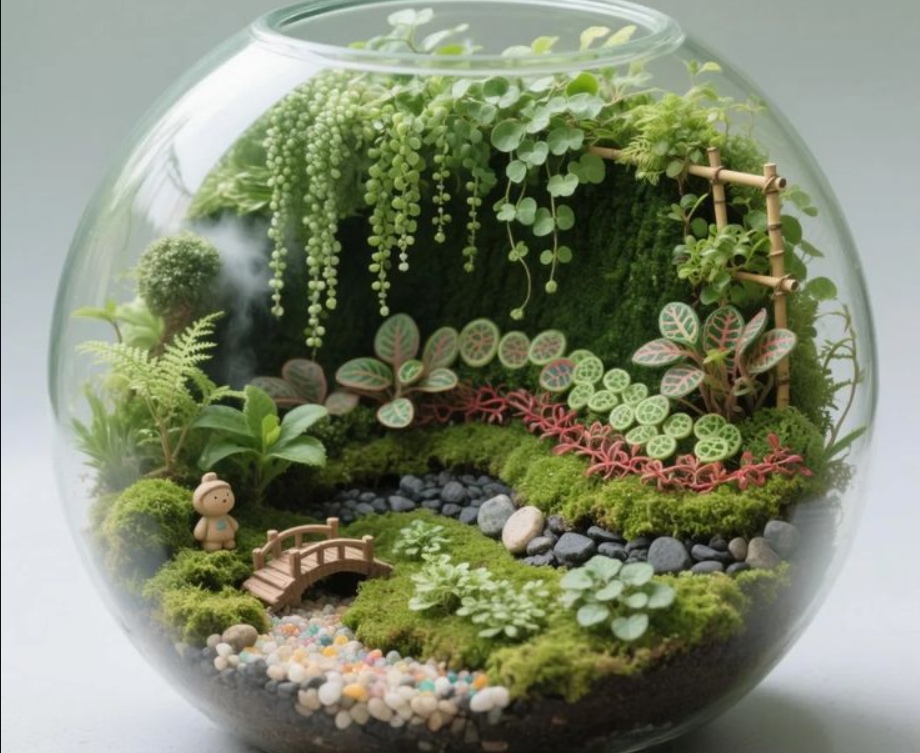 Glass-vase terrarium with a moss background and a variety of plants, small figurine and miniature bridge.