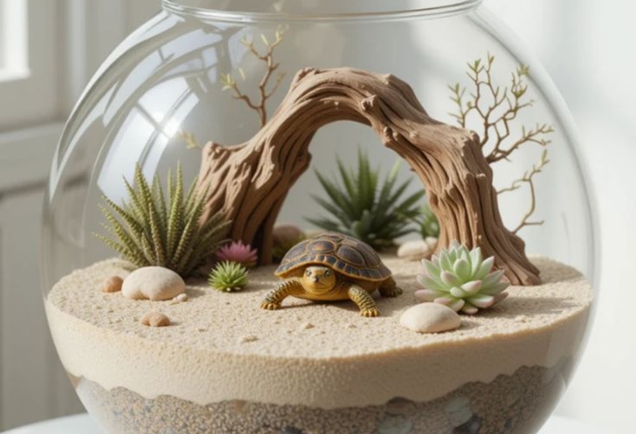glass-vase terrarium with white sand, pebbles, a turtle figurine