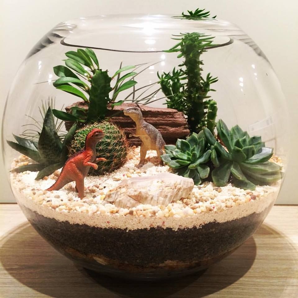 A dinosaur themed glass-vase terrarium
