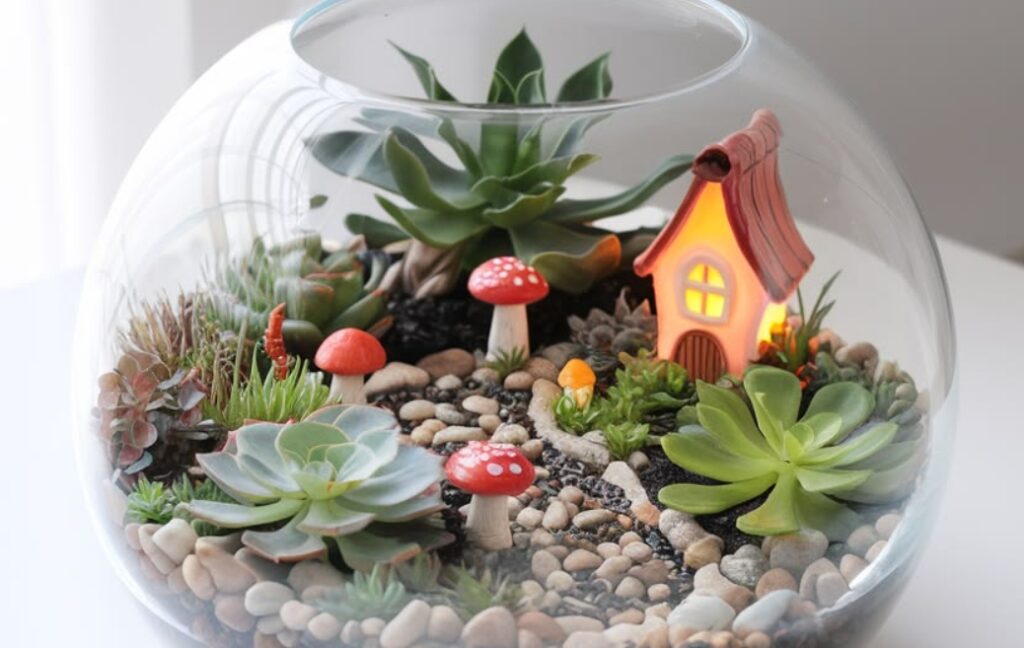 glass-vase terrarium with a house and mushroom miniatures.