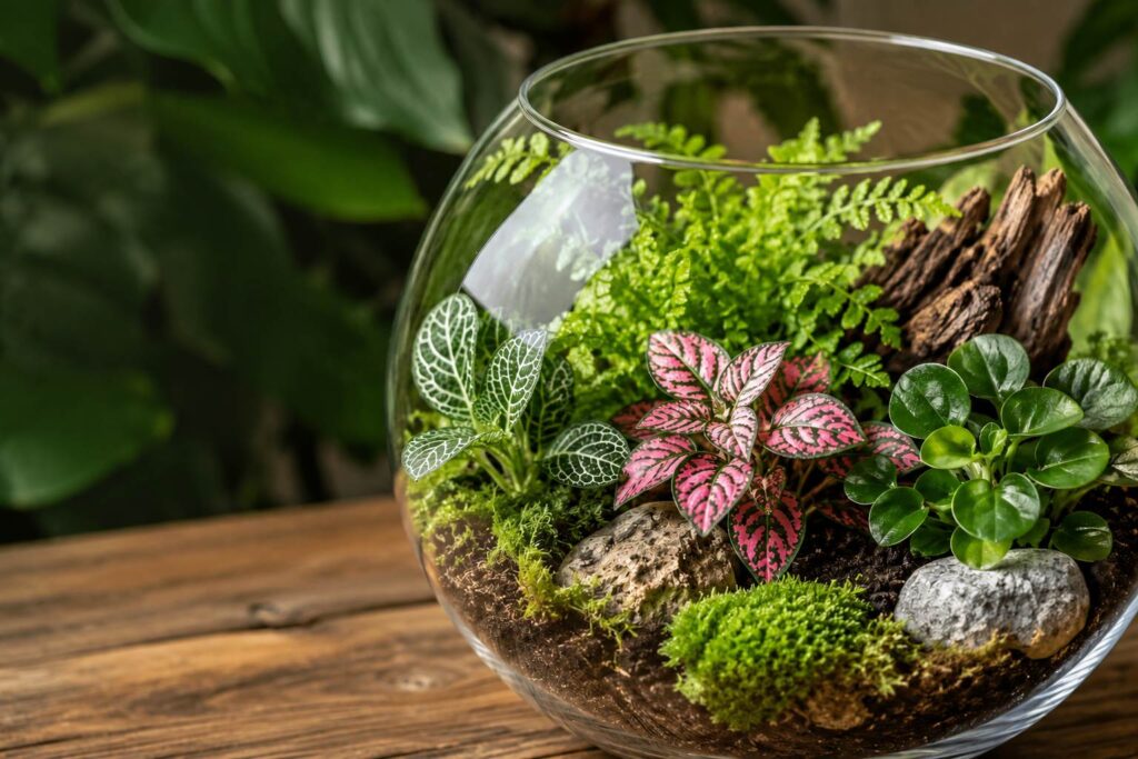 a glass terrarium on a wooden table